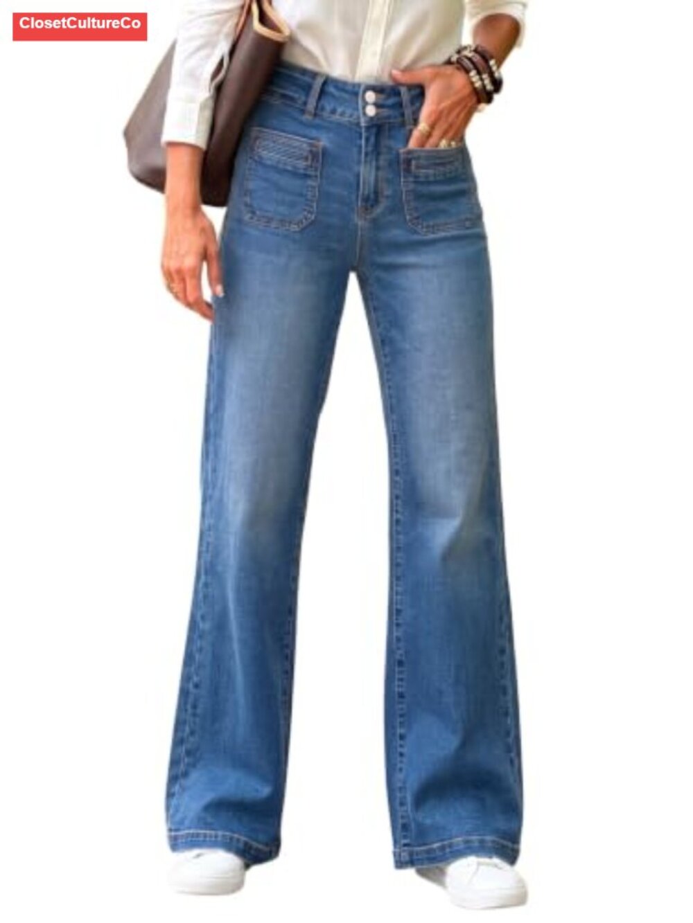 Wide Leg High Waisted Denim Jeans Double Button Stretch Pants